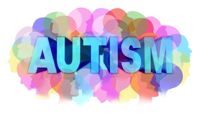 תפיסת אבחון אוטיזם והפרעה אוטיסטית או מושג ASD כקבוצה של פנים אנושיות המציגות את צבע הצבע כסמל בנושא בריאות הנפש למחקר רפואי ולחינוך קהילתי ומשאבים.