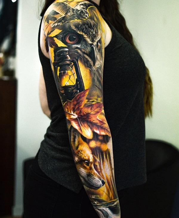 Ugleolje Lampfall tatovering med blad og ulv