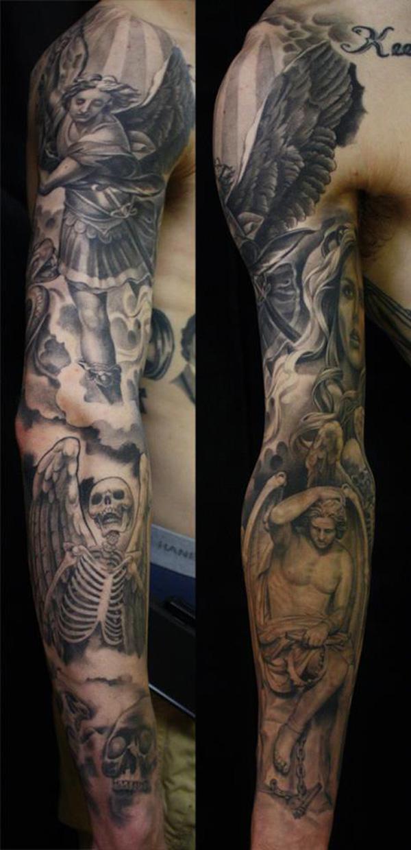 Szög és csontváz tetoválás teljes ujjú férfiaknak