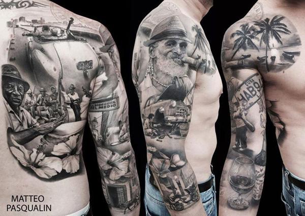 Fekete és szürke ujjú tetoválás filmes jelenetekkel férfiaknak