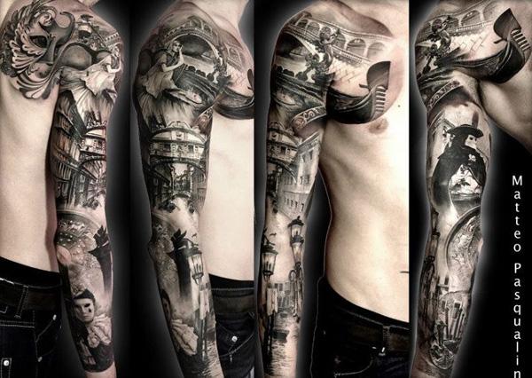 Fekete és szürke ujjú tetoválás titokzatos jelenetekkel a férfiak számára