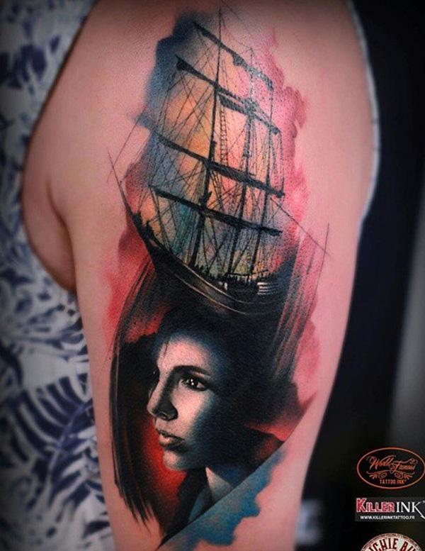 Akvarell csónak portré tetoválással nőknek-71
