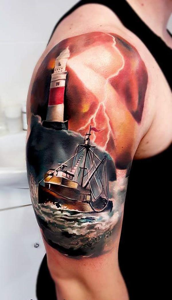 3D hajó világítótorony fél ujjú tetoválással-61