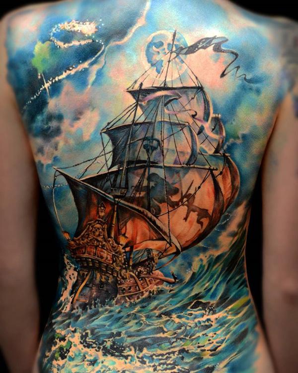 Színes csónak teljes hát tetoválás-81