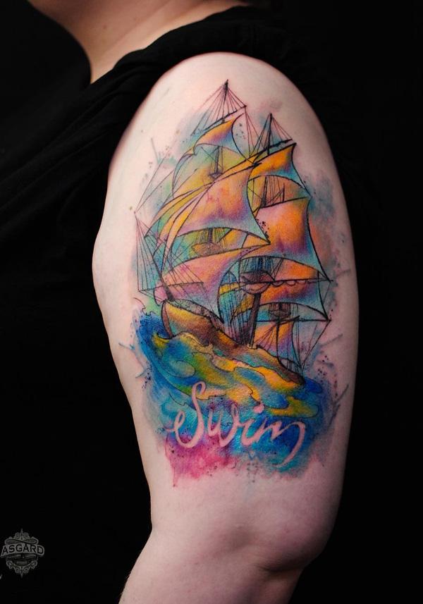 Akvarellbåt halvermet tatovering-48