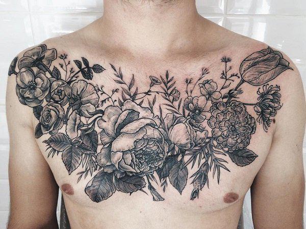 Fekete és szürke virágok tetoválása férfiaknak