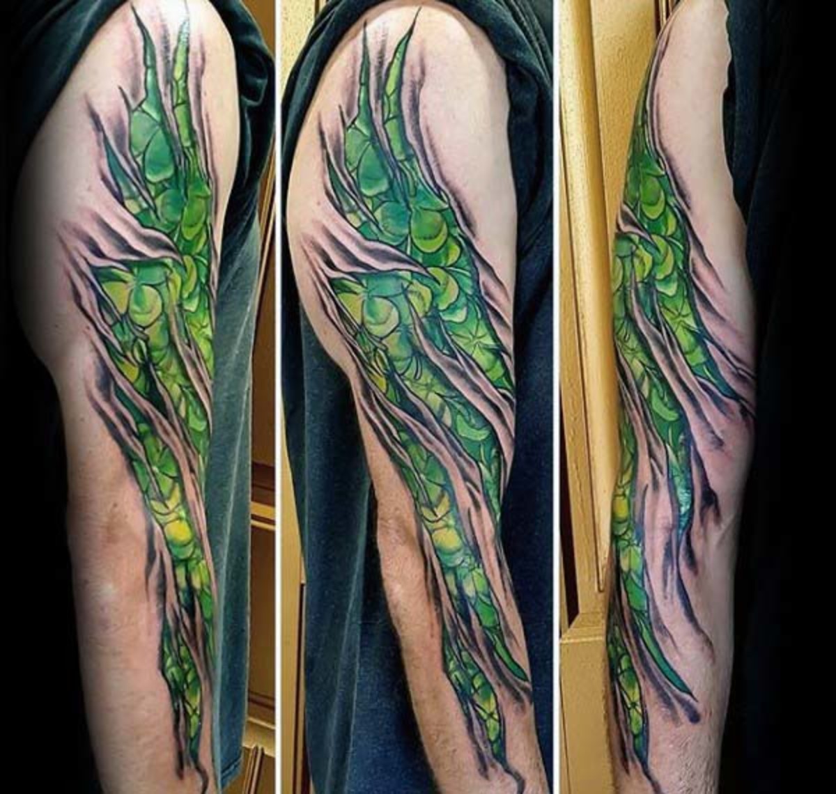szakadt bőrű férfi-teljes karú ír-zöld-négylevelű lóhere-tetoválás