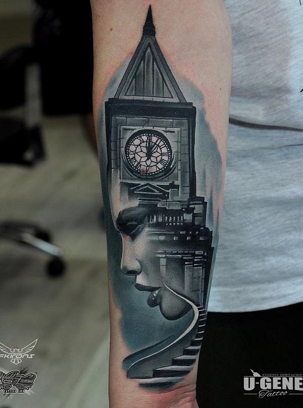 Surrealistisk tatovering på underarmen