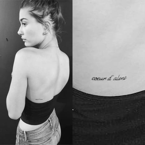 Hailey háta bal oldalán egy kis tetoválás olvasható: „coeur d’alene”, egy francia mondat, amely a modell nővérének, Alaiának tiszteleg, és középső neve „Alene”.