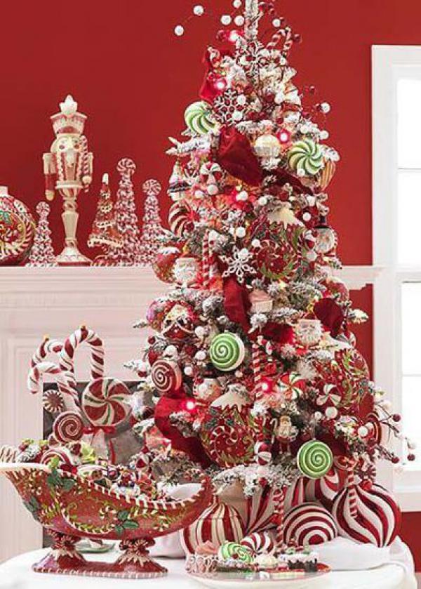 דקו עץ חג המולד יפה עם נושא אדום עם קישוטי ממתקים