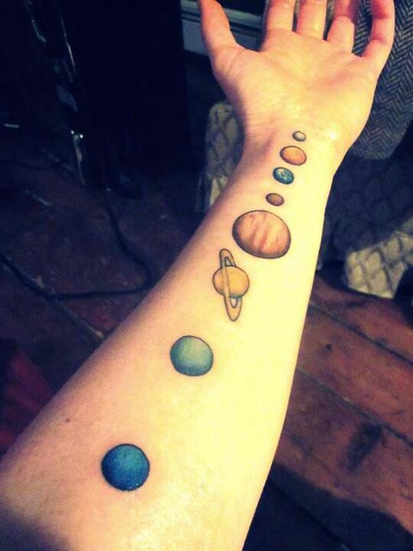 Alkar tetoválás napbolygókkal, amelyek egyenes vonalat képeznek