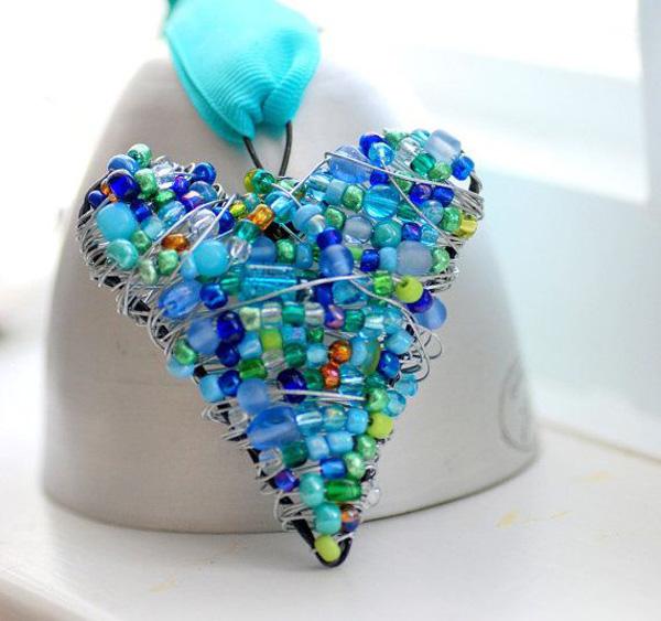 Beaded Wire Heart, blå og grønn Wire Wrapped Ornament