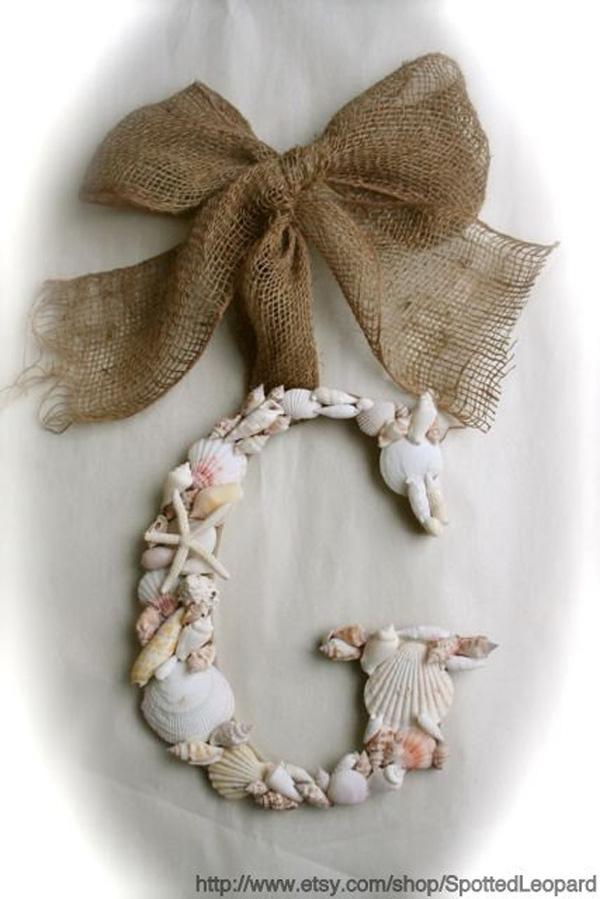 SEA SHELL Covered 12 tommers BRYLLUP Initial Letter Monogram Door Wreath