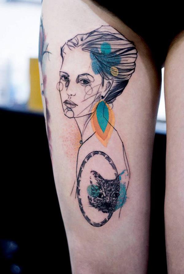 akvarell portré comb tetoválás