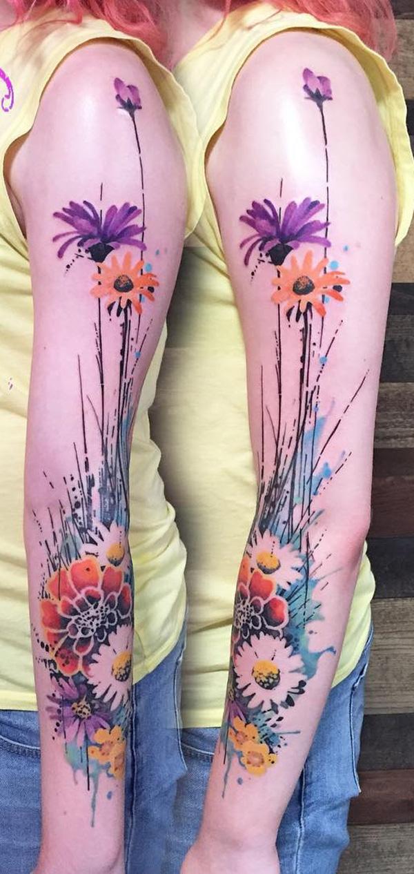 akvarell virág ujjú tetoválás