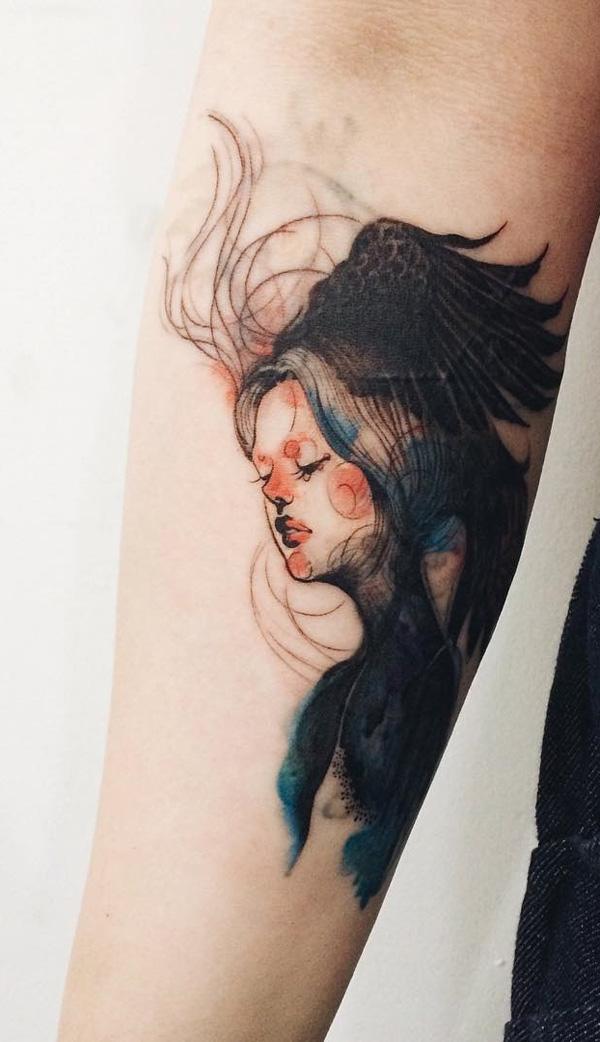 illusztráció stílusú lány pottrait ujjú tetoválás