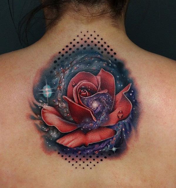 Galaxy med rose back tattoo