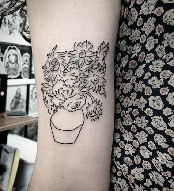 vincent van gogh tetoválás Sketched Vase of Sunflowers Tattoo