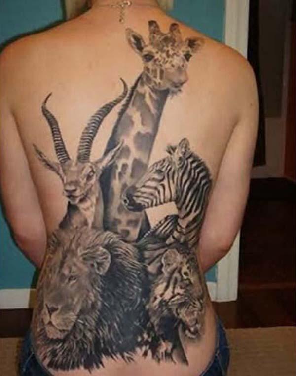 Giraffe, hjort, sebra, løve og tiger tatovering