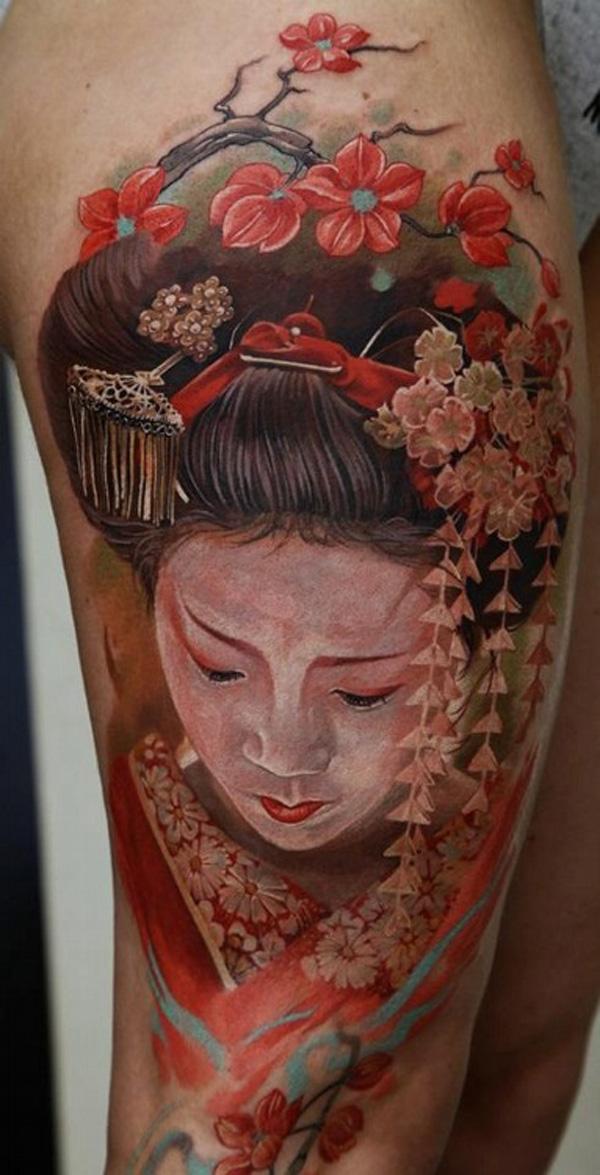 Színes valósághű gésa tetoválás
