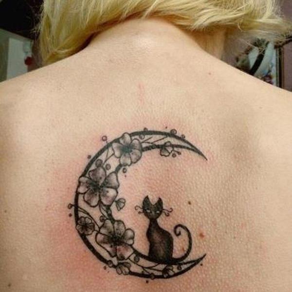 Kis félhold hold macska virág tetoválás