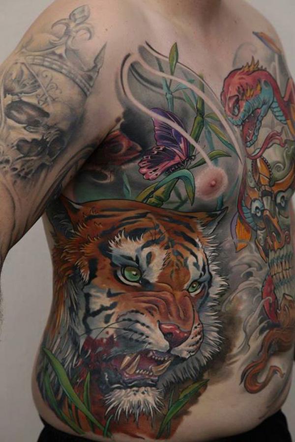 apai tetoválás színes tigris, kígyó, sárkány és pillangó