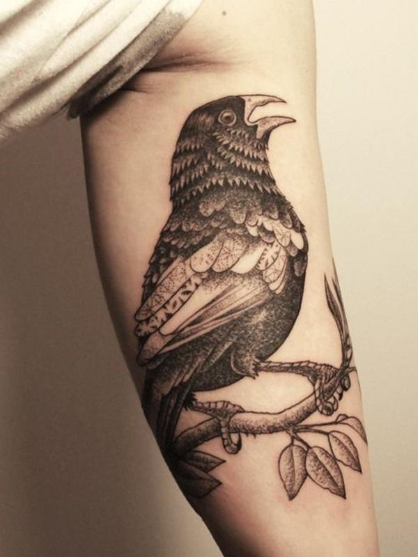 Fekete és szürke madár belső bicepsz tetoválás