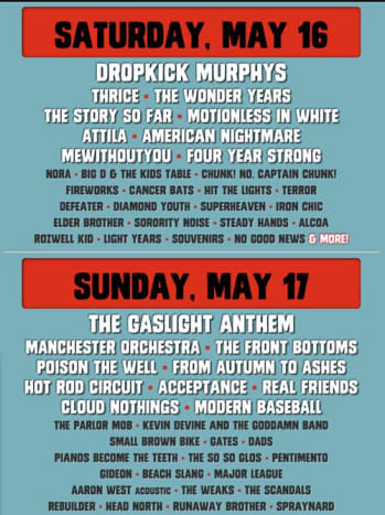 Skate and Surf - Asbury Park, NJ - május 16-17. - A 2001 -ben kezdődött fesztivál, amely néhány évet töltött a Bamboozle Festival néven, még mindig az ország egyik legjobb fesztiválja a punk, az indie és a hardcore számára. Az idei év visszahozza az olyan befolyásolókat, mint a Hot Rod Circuit, az Ősztől a hamuig, a Thrice és az Acceptance, valamint olyan zenekarok, amelyeket jövőre mindenki ismer, mint a Pentimento és a Gates. Ez egy másik tengerparti fesztivál, ahol olyan normál headlinereket foghat el, mint a Real Friends, a Wonder Years, a Gaslight Anthem és a Dropkick Murphys.