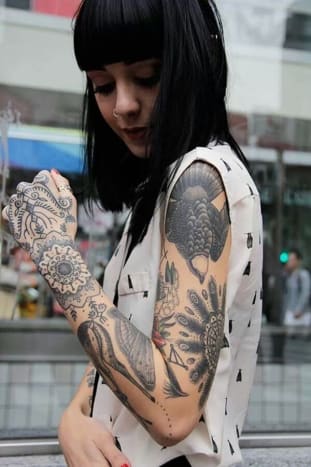 tintás mag, tetoválás ihlet, tetoválás művészet, tetoválás tervezés, tetoválóművész, nőies ujjú, ujjatetoválás