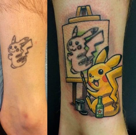 Ez a Lindsay Baker által készített Pikachu tetoválás egy innovatív módszer egy trükkös leplezés megközelítésére.