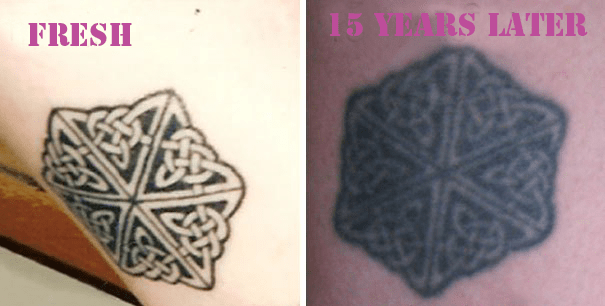 Nem szörnyű egy 15 éves tetováláshoz, de láttam, hogy ez a bonyolult munka sokkal jobban tartja magát. Itt erős vérzés van.