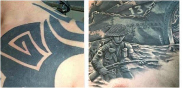 (Fotó: The Tattoo Studio Bristol/Facebook) Wayne O'Toole borzasztó fekete törzsi tetoválást tett a vállára és a mellkasára, amelyet el akart takarni, és Ben Boston tetoválóművész, a Bristol Tattoo Studio Bristolban, Angliában kihívás, hogy O'Toole elavult tintájának vastag vonalait masszív emlékművé alakítsák az első és a második világháború elesett brit katonáinak tiszteletére.