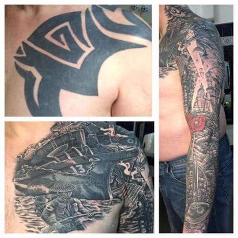 (Fotó: The Tattoo Studio Bristol/Facebook) O'Toole háborús témájú emlékműve, amely lefedi a bal vállát és a karját, és kiterjed a mellkasára és a hátára, valóban műalkotás, és az a tény, hogy a tetoválóművész képes volt a festék ilyen gyönyörű elfedése némi sokkot okozott O'Toole -nak, aki Ben Boston Facebook -bejegyzése szerint „biztos volt benne, hogy megragadt abban, amije volt”. Boston a tetováló munkamenetet, amelynek elkészítése óriási 30 fáradságos órát és egy évet vett igénybe, dokumentálta a Tattoo Studio Bristol Facebook -oldalán a hónap elején, megjegyezve a bejegyzésben, hogy a hihetetlen tetoválás -átalakítás szabadkézi, sablonok használata nélkül történt.