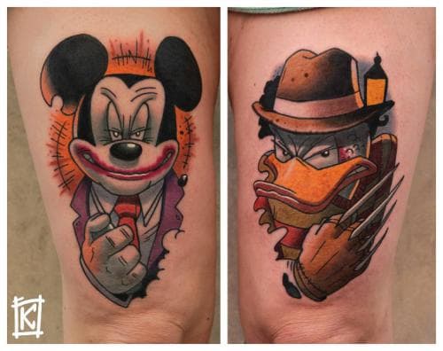 En annen Freddy Krueger -versjon av Mr. Duck, mens Mickey er karakter som Joker. Tattoo av Bartek Kos