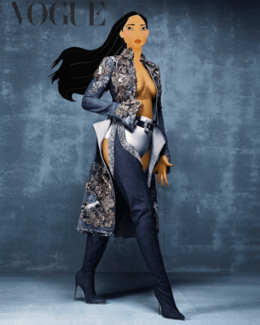 Pocahontas asRihanna komoly farmercsizmát visel, Manolo Blahnik a British Vogue számára 2016. áprilisában.