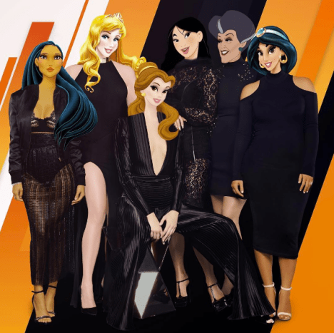 Lépést tartani a Kardashianokkal balról: Pocahontas Kourtney, Aurora Khloe, Belle Kendall, Mulan Kylie, Lady Tremaine Kris és Jasmine Kim szerepében.