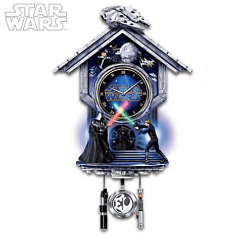 Foto: The Bradford Exchange. Denne kule Star Wars -klokken som er tilgjengelig på Bradford Exchange inneholder figurer av Darth Vader og Luke Skywalker i den beryktede lyssverdkampen fra Return of the Jedi. Klokken har også farget belysning og spiller temasangen til filmen.