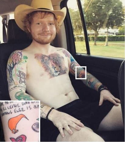 Foto: Instagram. Mange av Sheerans tatoveringer var inspirert av musikkarrieren, og som en permanent påminnelse om turnéen i New Zealand i 2013 fikk sangeren en lys oransje tatovering på armen av en kiwifugl, landets emblem.