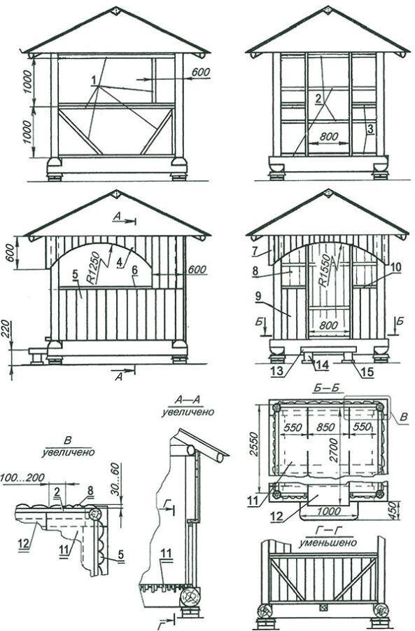 tekening van een tuinhuisje van hout