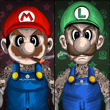 Designet av Ephrem Rokk. Med fulle ermer, tatoveringer på brystet og halsen spiller Mario og Luigi ingen spill. Se på deg selv, kong Koopa!