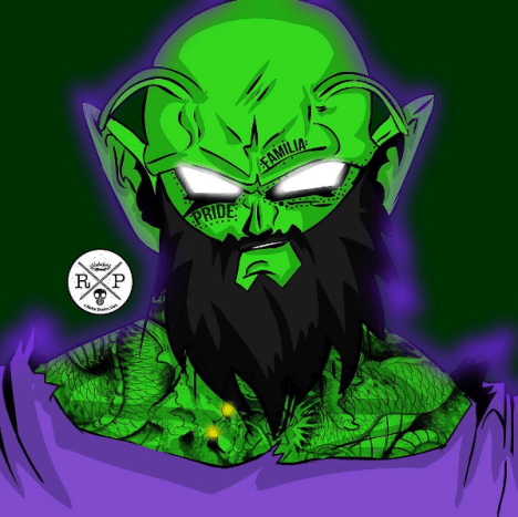 Ephrem Rokk tervezése. A zöld Namekian Dragon Ball Z szamárrúgó rockin & apos; keserű, kopott szakáll és az Örök Shenron tetoválása a mellkasán Rokk ezen a mintáján.