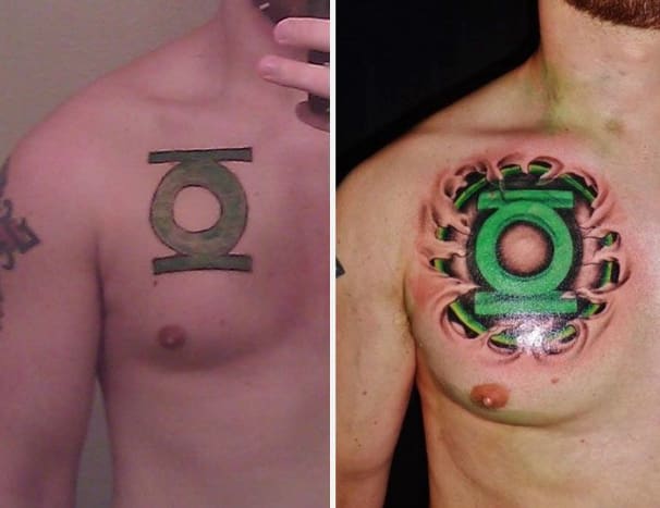 Hvis du vet hvem som gjorde denne tatoveringen, vennligst gi oss beskjed. Foto: Pinterest. Denne Green Lantern -logoen fikk en kraftig strømstigning. Ved å legge til den riktige grønnfargen som karakteren bruker i tegneseriene, og legge til detaljene som får det til å se ut som at lykten er gjennomborende gjennom huden, forvandlet denne tatoveringen til et veldig fantastisk stykke.