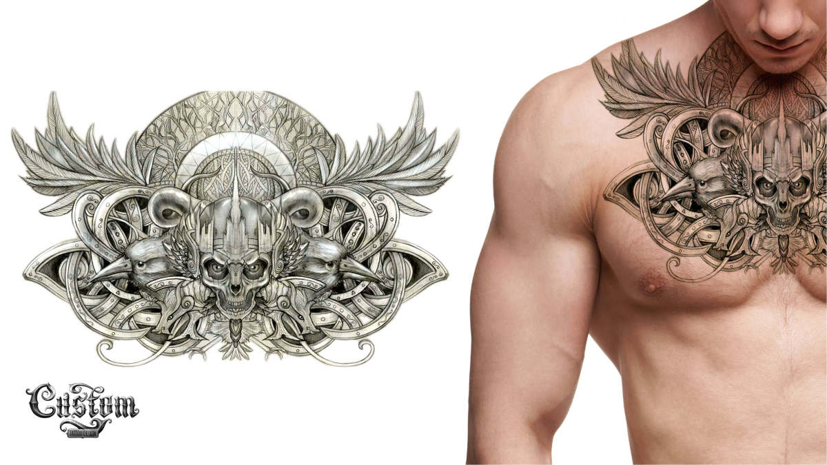 Egyedi tetoválás tervezésű koponya mellkas