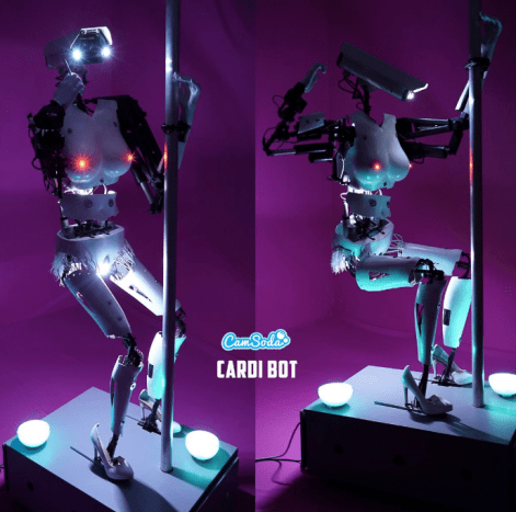 Cardi-Bot er konstruert i en silikon-utstillingsdukke komplett med opplyste brystvorter og et sikkerhetskamerahode.