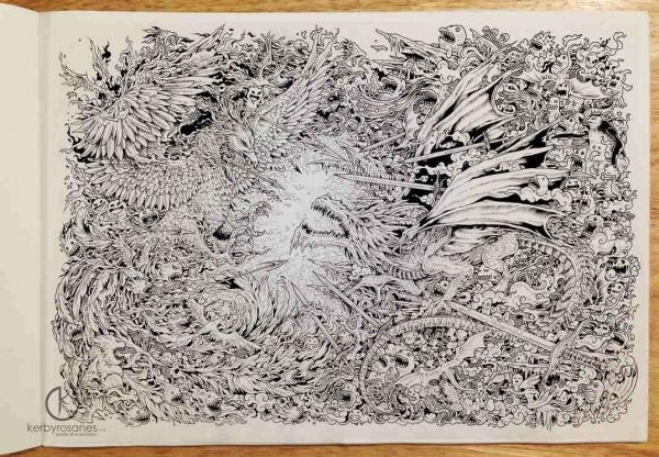 TŰZ ÉS JÉG (Doodle a tűzben lévő főnix és a jeges sárkány ütközéséről.) - 11 x 16 hüvelyk - Uni Pin Pineliners - körülbelül 14 óra doodling