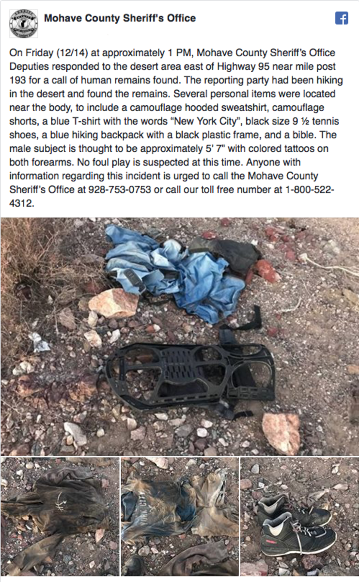 Lake Havasu City, Lake Havasu, arizona desert, Mohave County Sheriff, Mohave County, Tattoos Remain on Decomposed Body, Decomposed Body Found in Arizona Desert, Decomposed Body Found in Desert, tattoo rests, tattoos post-death, Mohave County Medical Examiner, Hwy 95 Mile Post 193, arizona crime