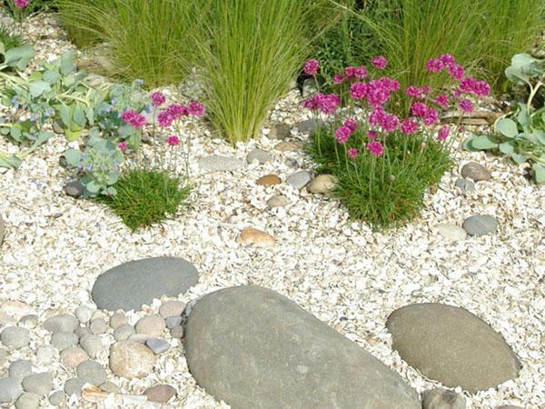bloembedden mulchen met stenen