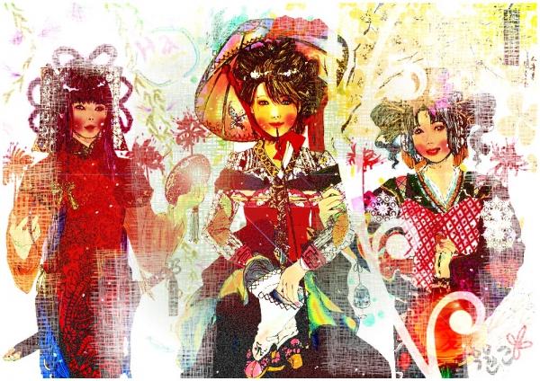 KÍNA-KOREA-JAPÁN SangSang tolmácsolása három hölgyről három különböző országból. Akvarell, jelölő toll felhasználásával készült, és Photoshop segítségével szerkesztették. (Bal-jobb: Kína, Korea és Japán)