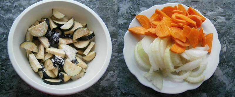 aubergine wortelen en uien bereiden