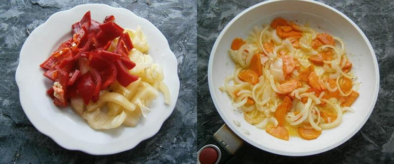 pripremite paprike, popržite luk i mrkvu